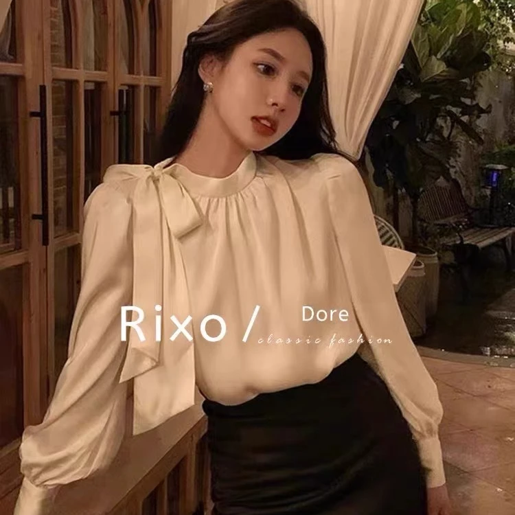 高定缎面休闲蝴蝶结上衣显瘦气质长袖时尚法式荷叶边设计感百搭