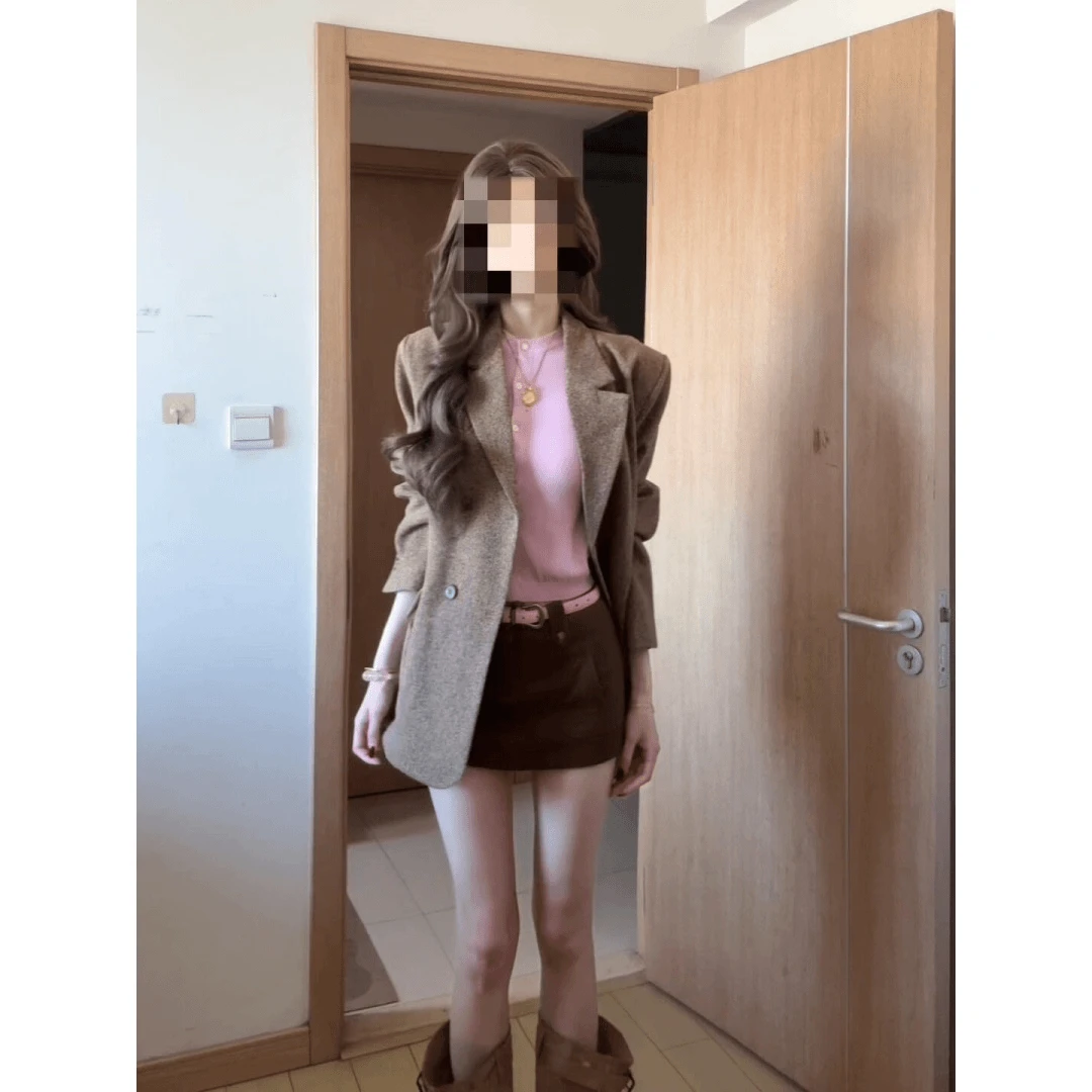 法式老钱千金感棕色外套内搭上衣女2025秋季高级感修身显瘦半身裙