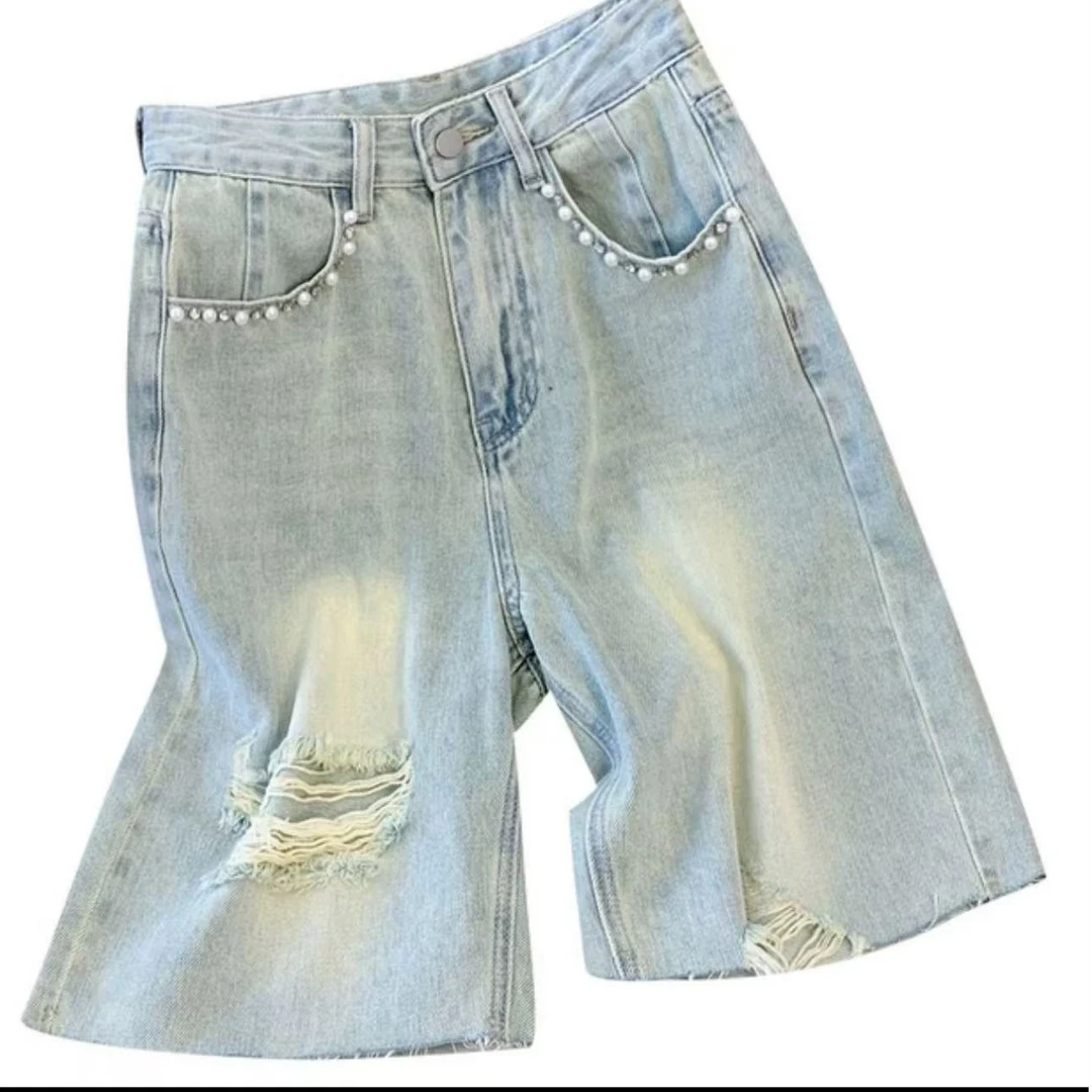 3317*高腰韩版夏季破洞中裤阔腿潮流山本风御姐风（裤长约51）