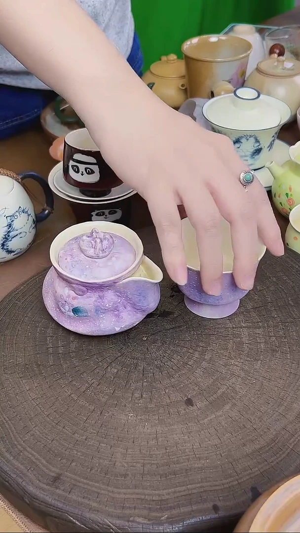 绣球粉印茶壶套装