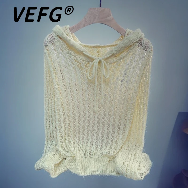 VEFG秋季连帽镂空毛衣小衫2025新款爆款百搭针织衫慵懒宽松上衣女