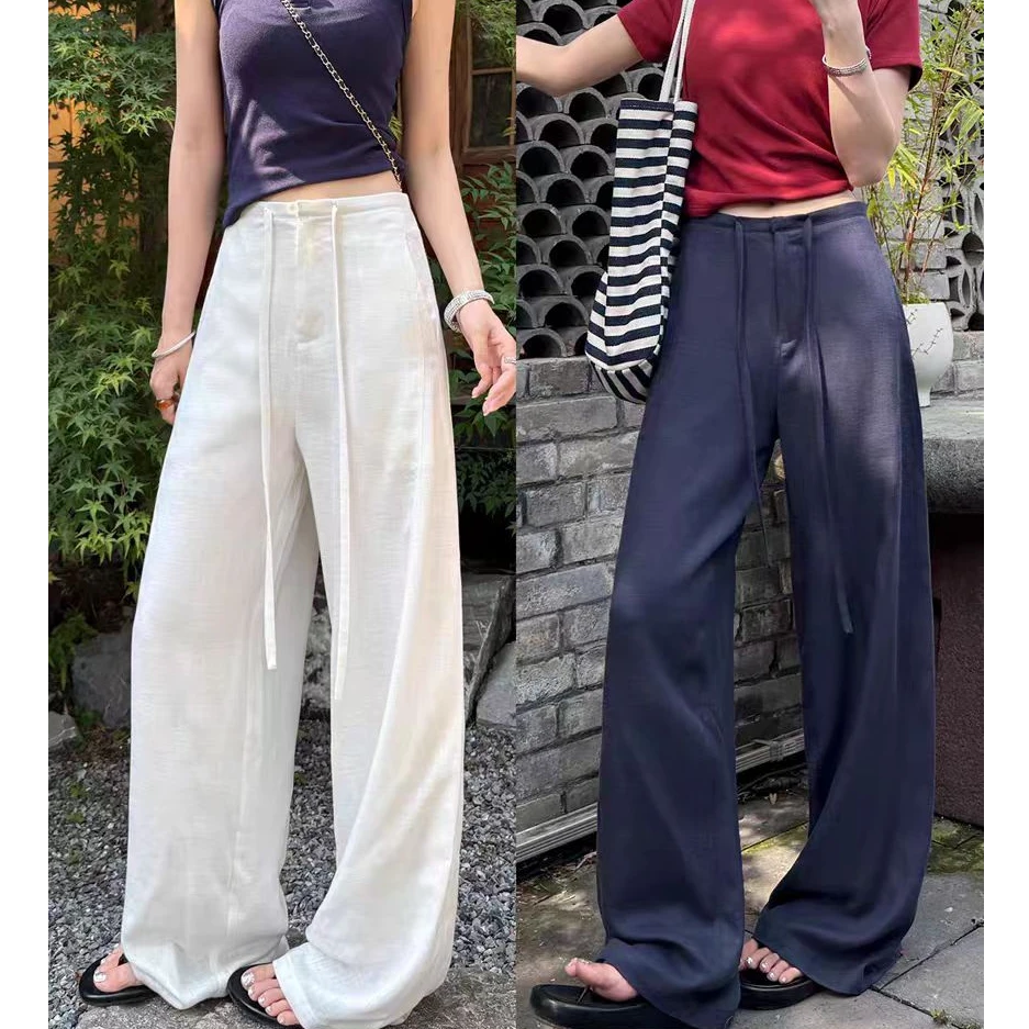 白色天丝亚麻阔腿裤女夏薄款透气休闲裤老钱垂感直筒裤显瘦8899