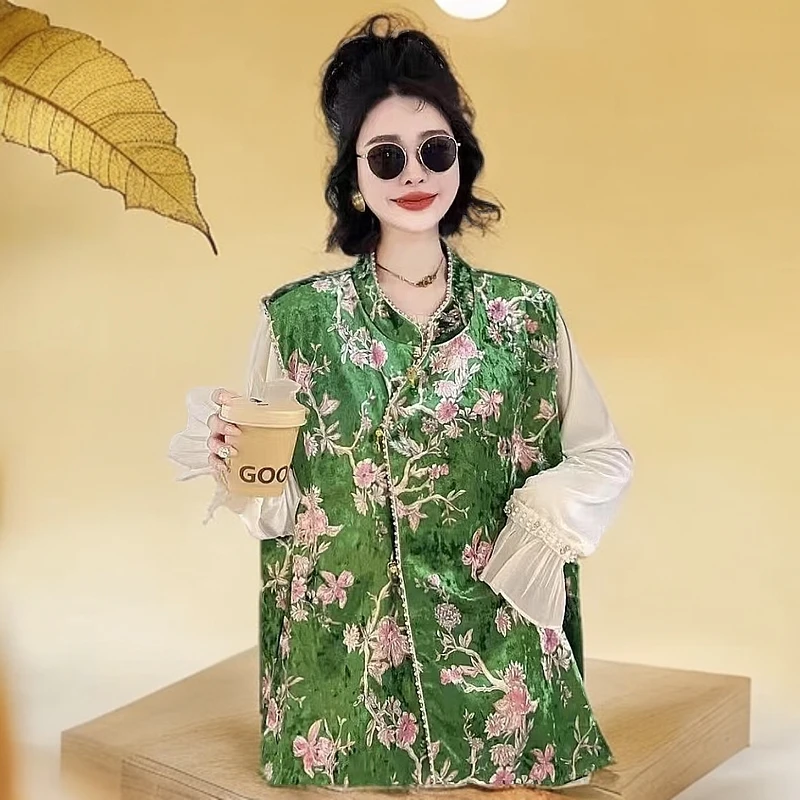 大码女装新中式中国风春季新款钉珠斜襟丝绒马甲外套上衣背心马夹