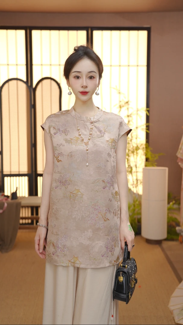 （中长款）新中式2025夏季气质百搭提花立领短袖上衣女YY25070604