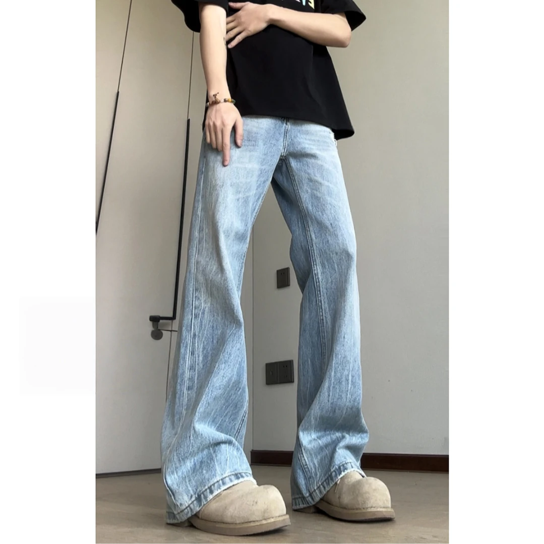 秋季美式高街复古闪电纹潮牌潮流宽松大码设计款牛仔裤男女同款