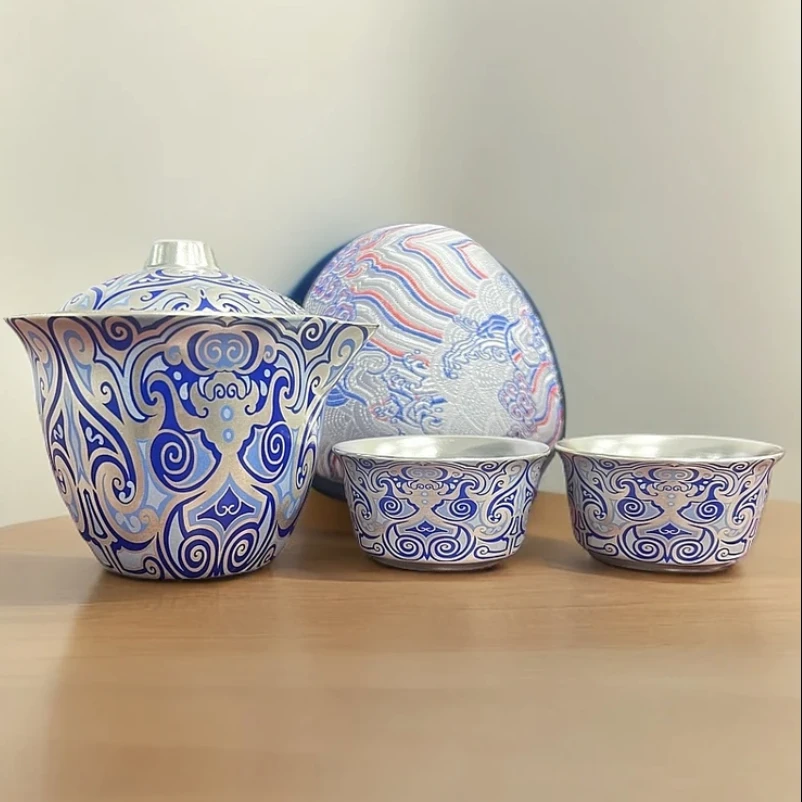 战国纹旅行套瑬银一盖碗两杯G1079