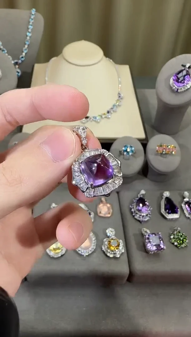 颈饰银S925镶嵌紫晶10mm吊坠糖塔设计款