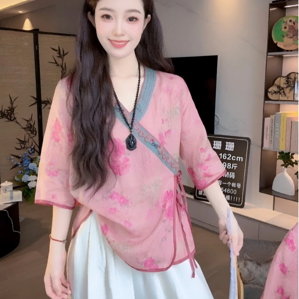 2025新款新中式国风花小衫女复古斜襟系带上衣