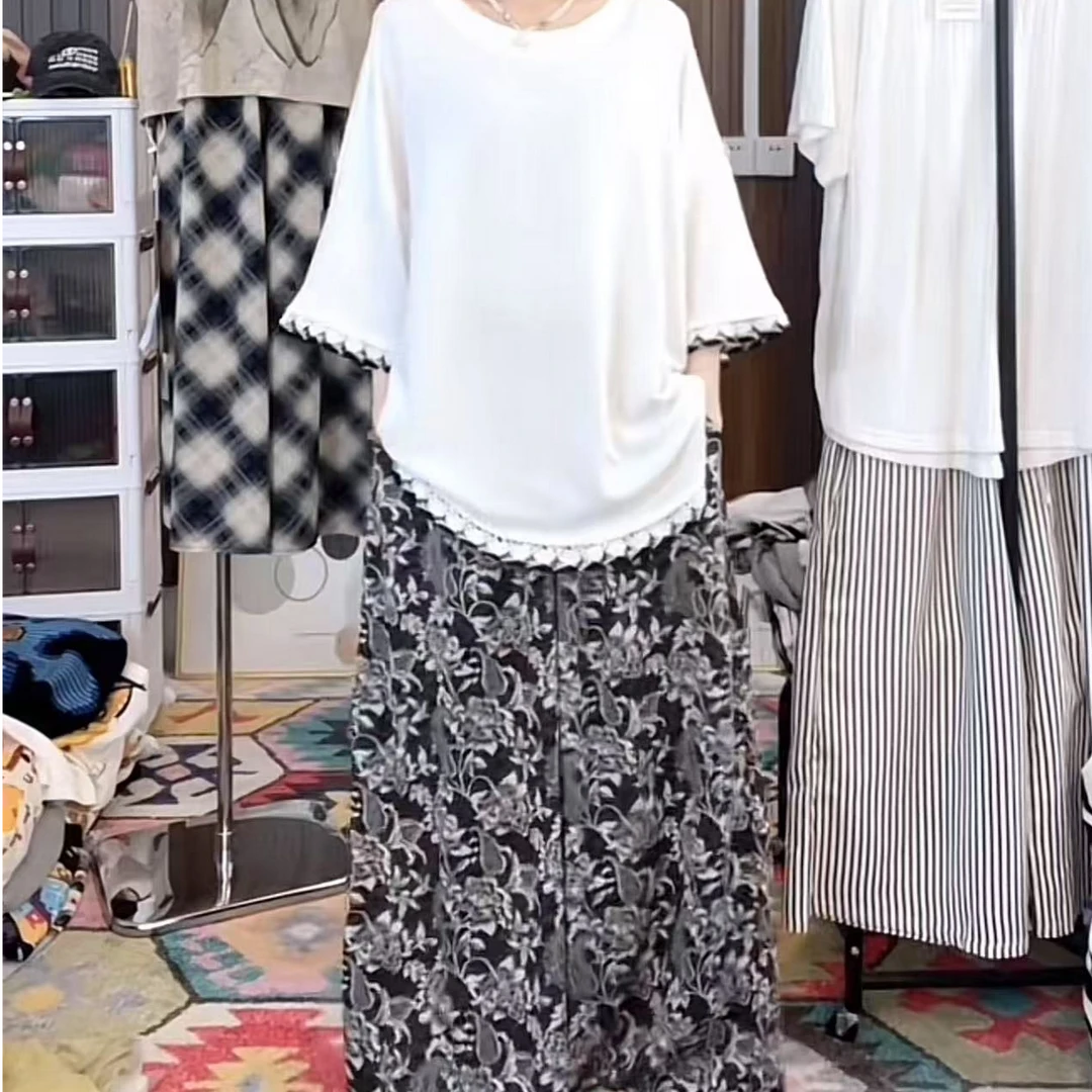 大码时尚套装拼接花边洋气上衣缠枝花纹阔腿裤显瘦女装百搭气质