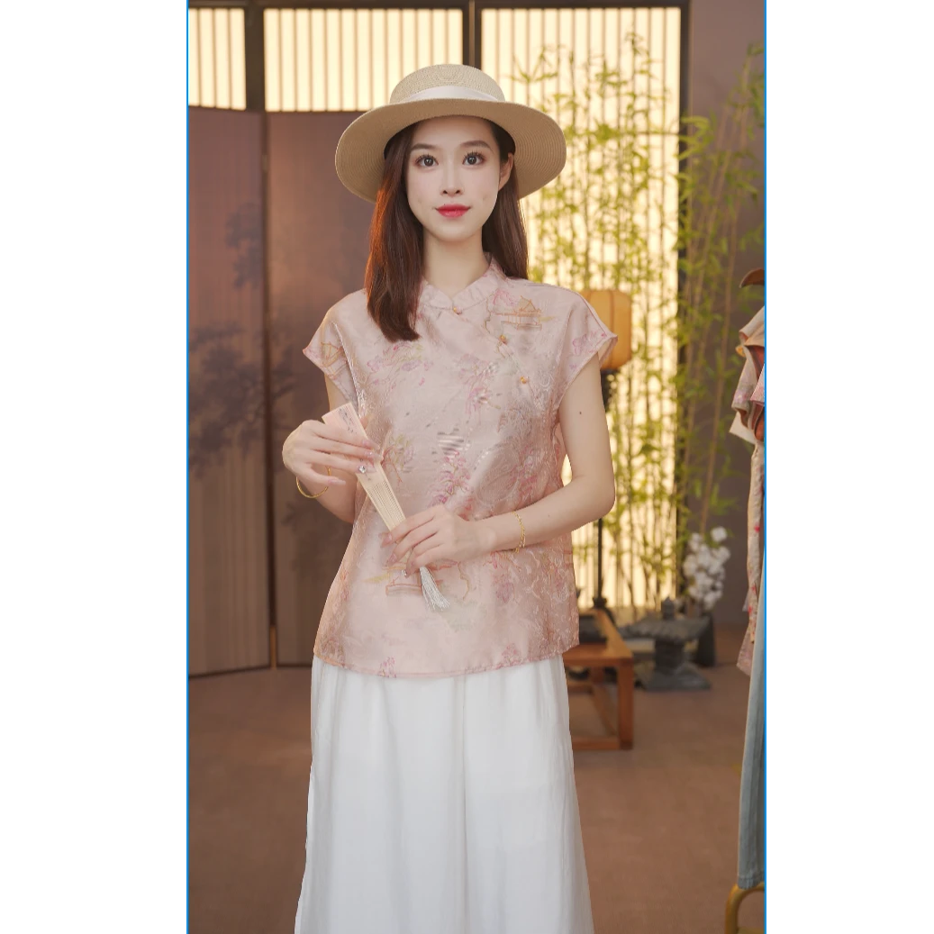 CJ【亭台】 新中式2025夏季气质百搭提花立领短袖上衣女FB25070711