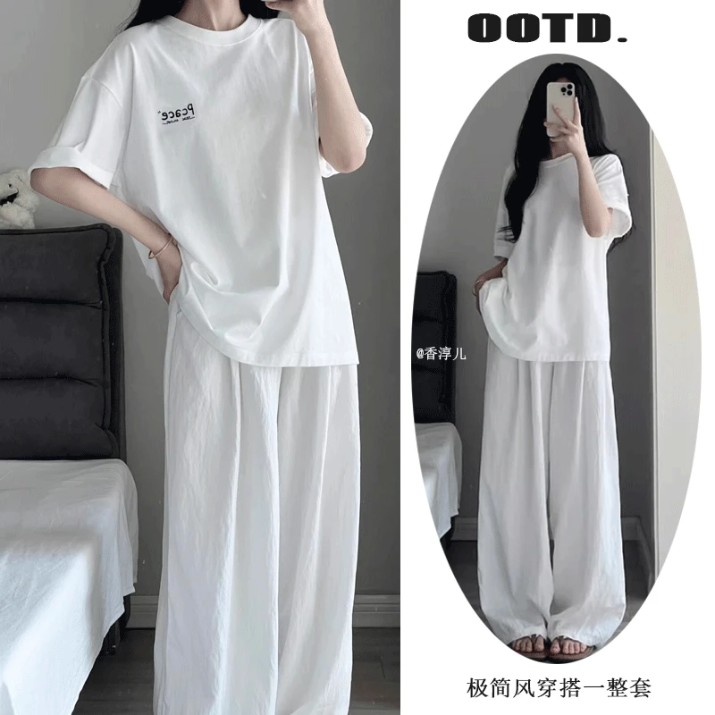 纯白色短袖上衣阔腿裤套装女夏季宽松慵懒风休闲运动服夏天两件套