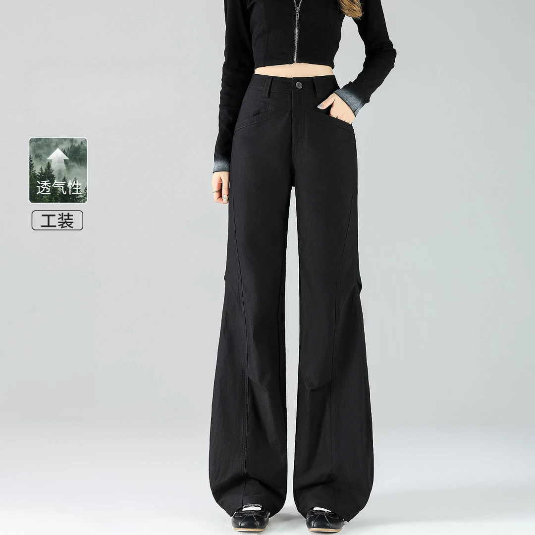 黑色弯刀工装裤女春秋高腰新款宽松复古美式休闲香蕉喇叭阔腿裤子