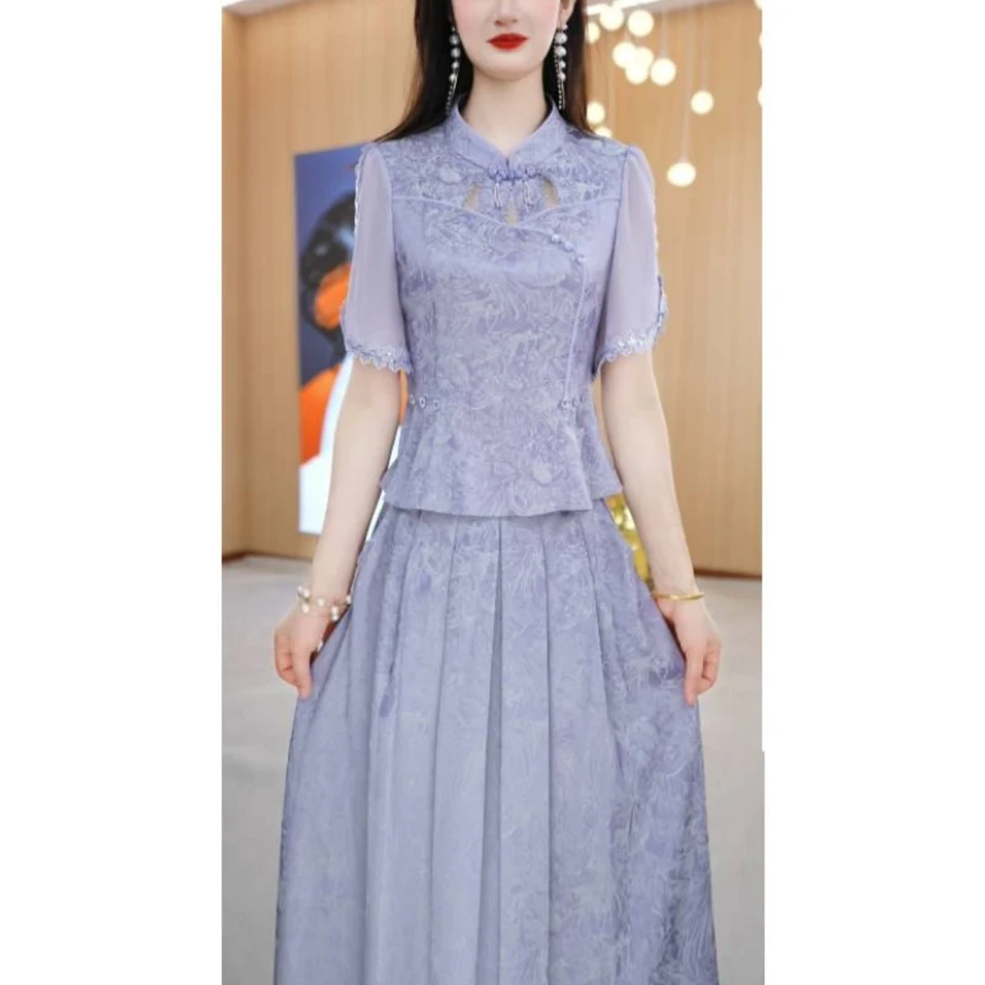 【上下套装】2025夏季复古立领设计感修身优雅两件套套装裙
