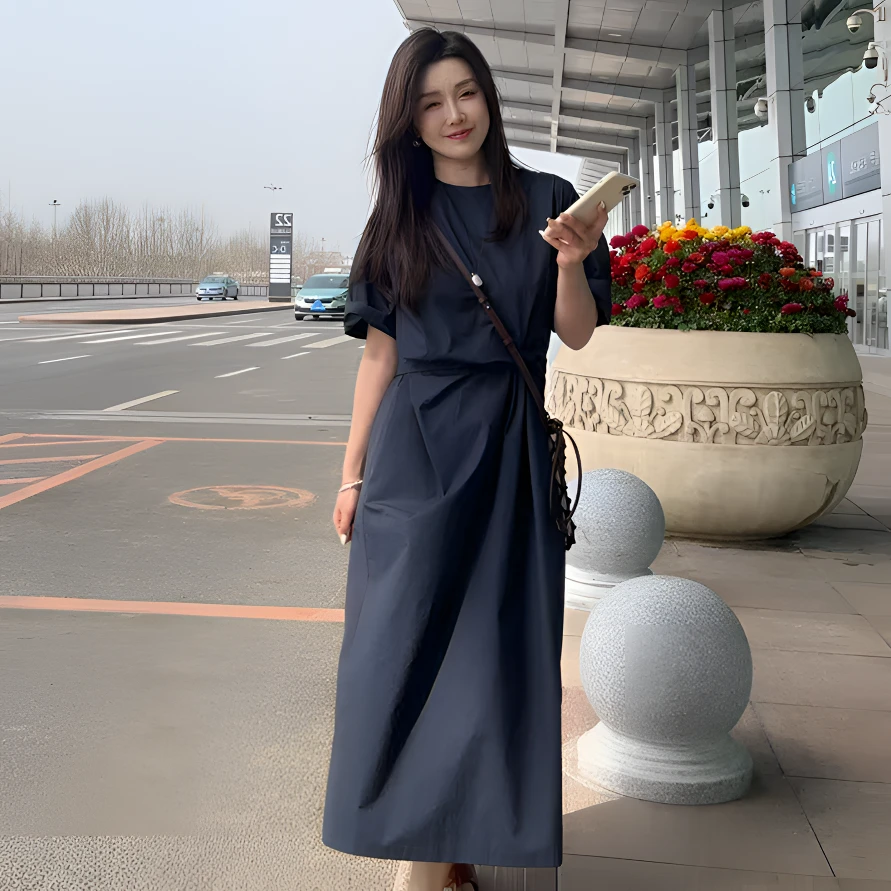 【王佳佳】25韩版夏季连衣裙三色不规则套头收腰显瘦显白高级256009