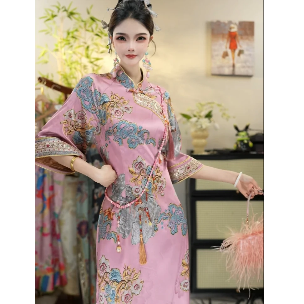 花享悦2025夏季新款中国风复古锦鲤喆贵修身长款旗袍WW（1616）