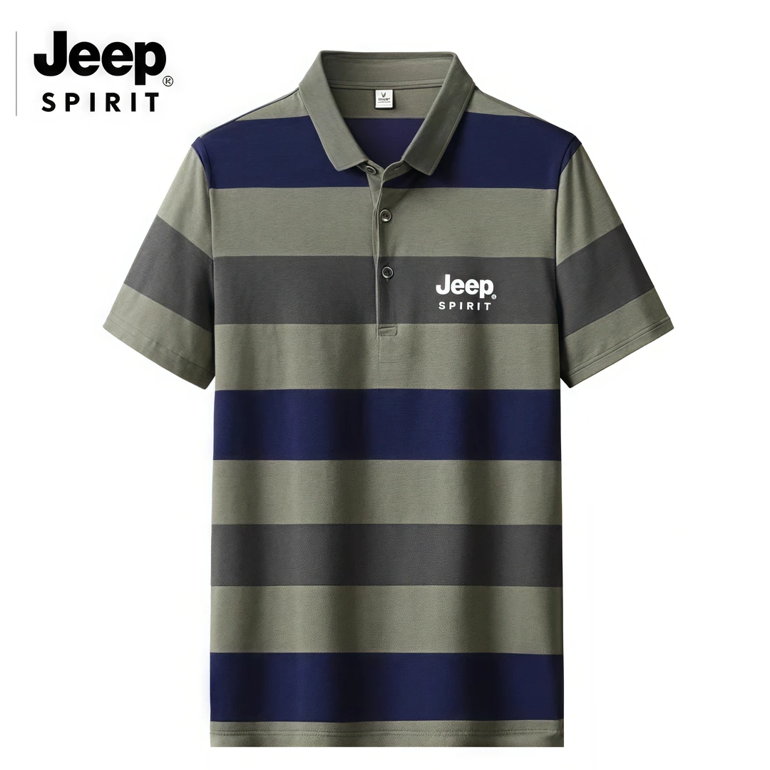 【凉感棉】吉普男士翻领短袖条纹polo衫2025夏季新款中年时尚休闲装