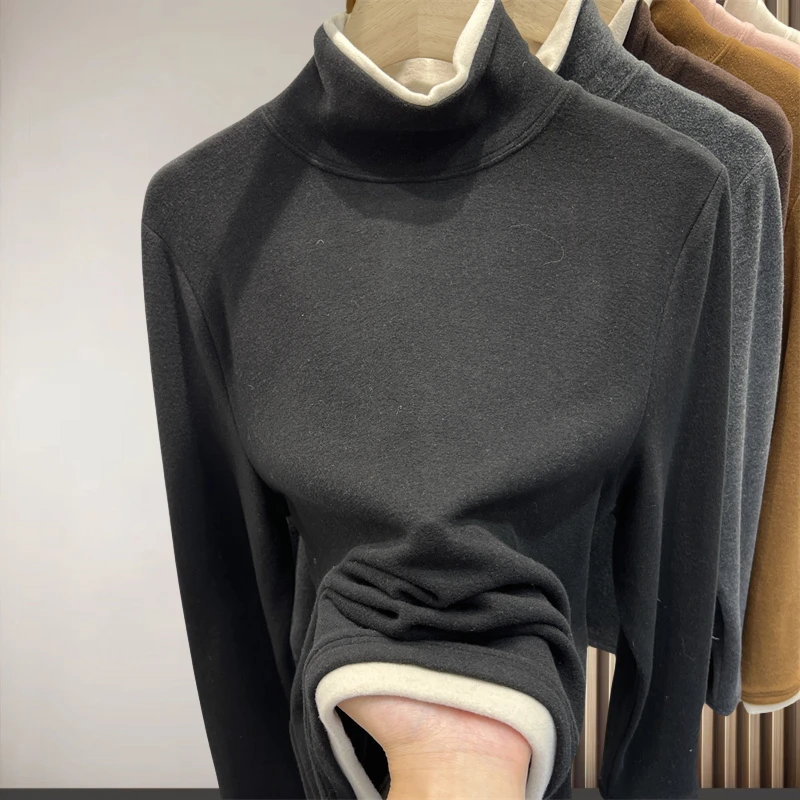 德绒保暖打底衫上衣女冬季新款拼色假两件设计感百搭休闲上衣