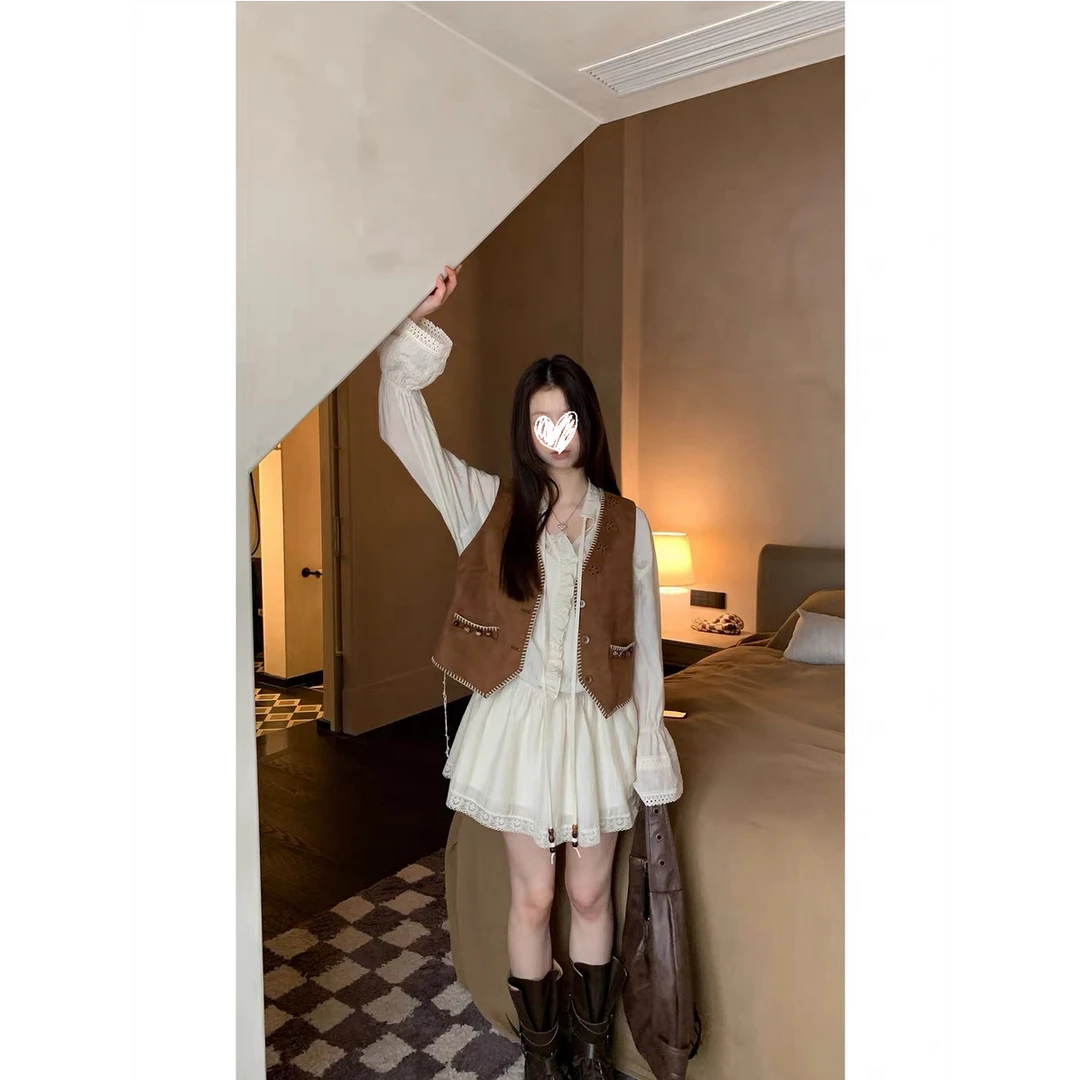 时髦洋气背心老钱风复古超好看绝美马夹+法式小众气质连衣裙套装