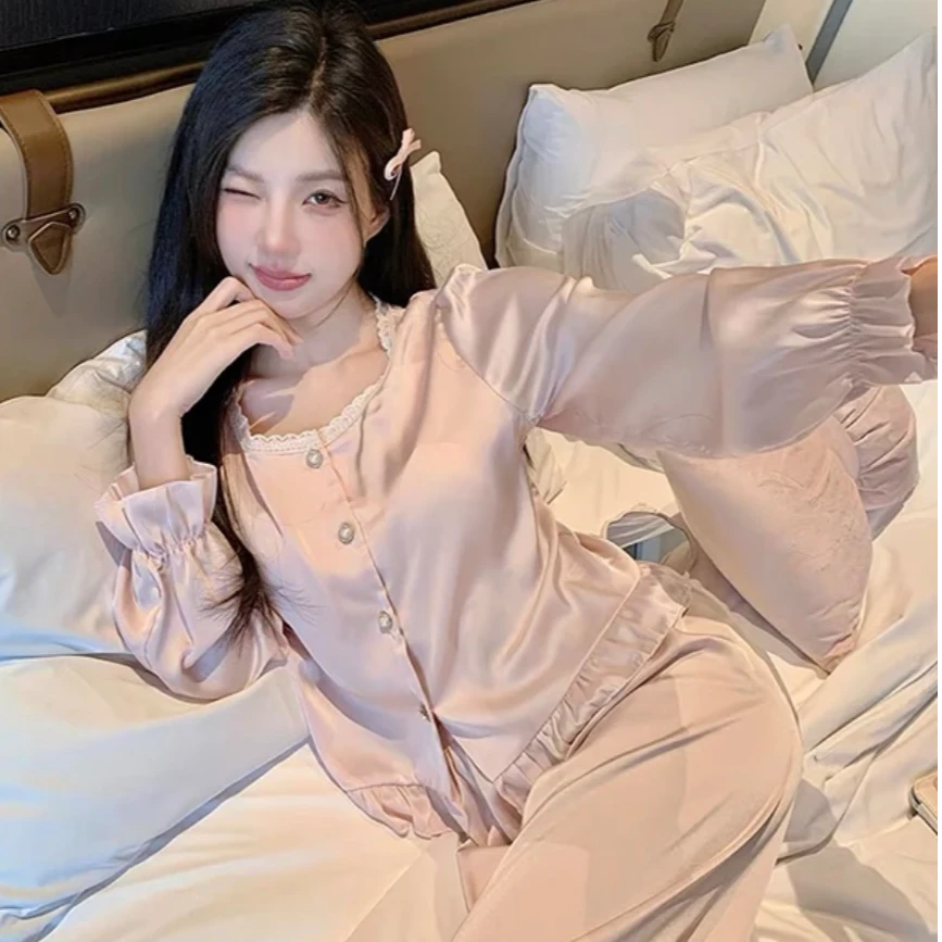 101一139春秋带胸垫冰雪丝睡衣女长袖长裤两件套时尚家居服套装