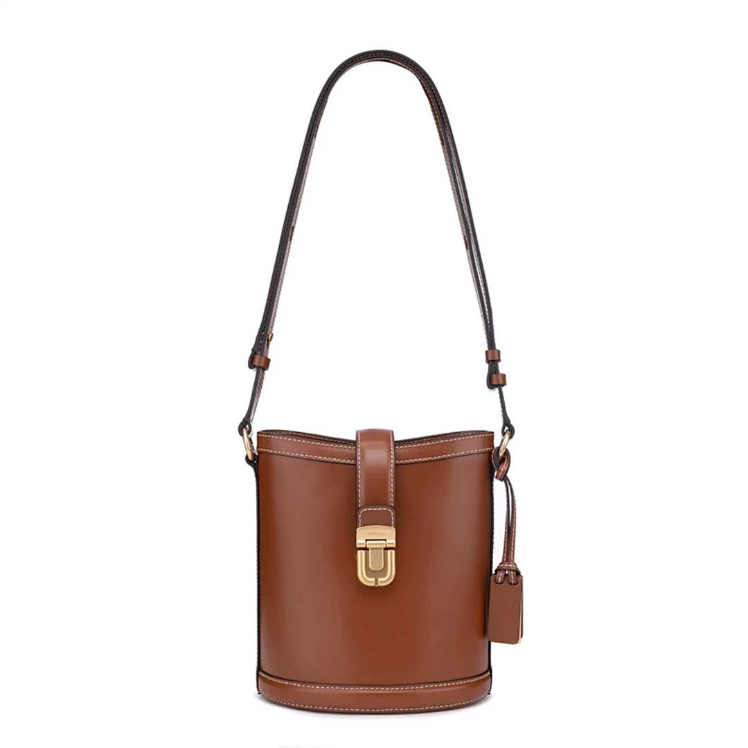 【直播专属】出口韩国小众牛皮水桶包女士单肩斜挎手提包牛皮拼色包