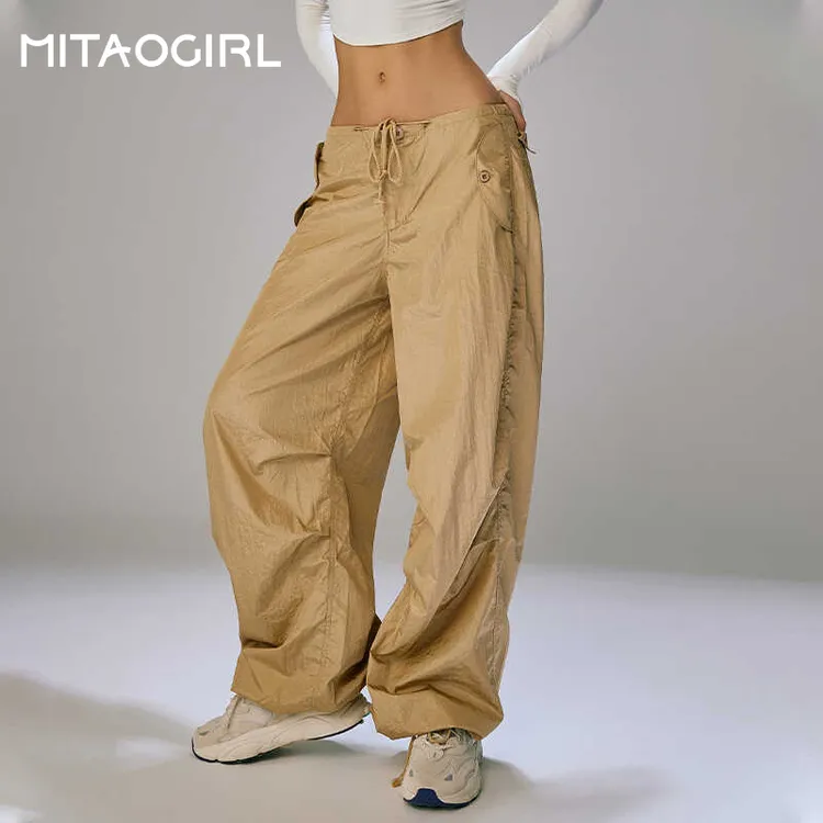 MITAOGIRL肯豆运动裤降落伞工装裤辣妹抽绳松弛感复古透气休闲裤
