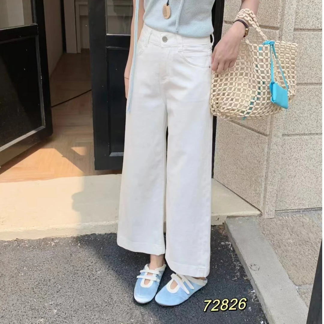 夏款韩系一粒扣小雏菊刺绣百搭直筒九分牛仔裤