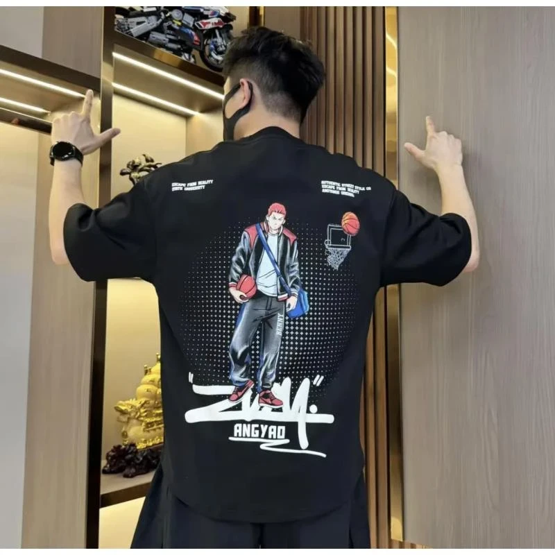 爆款夏季潮流潮牌卡通短袖t恤男印花纯棉T恤衫时尚修身半袖上衣