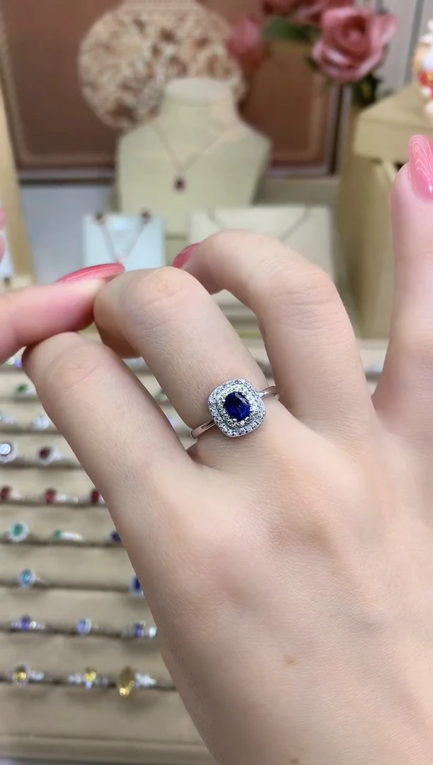 戒指蓝宝石银S925镶嵌方包豪镶