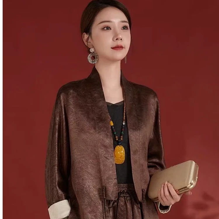 CHEN HENG 贵气醋酸烫银套装国风宽松外套松紧腰老钱风62498038