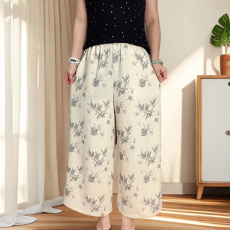 8817夏季宽松大码印花裤裙高腰阔腿裤薄款松紧腰休闲裤百搭妈妈裤