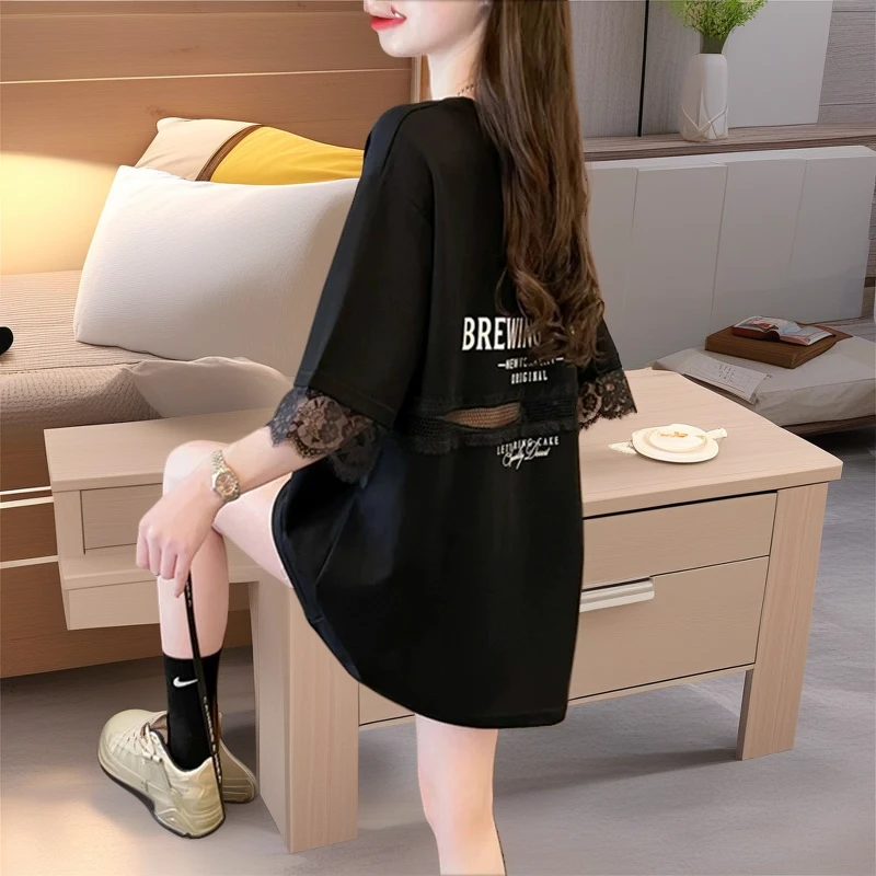 纯棉遮屁股搭配鲨鱼芭比裤的上衣女夏天宽松大码时尚洋气短袖T恤