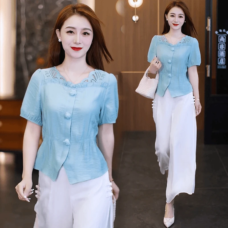 夏日轻薄绣花衬衣女遮肚子收腰上衣2025短袖衬衫今年流行小衫爆款