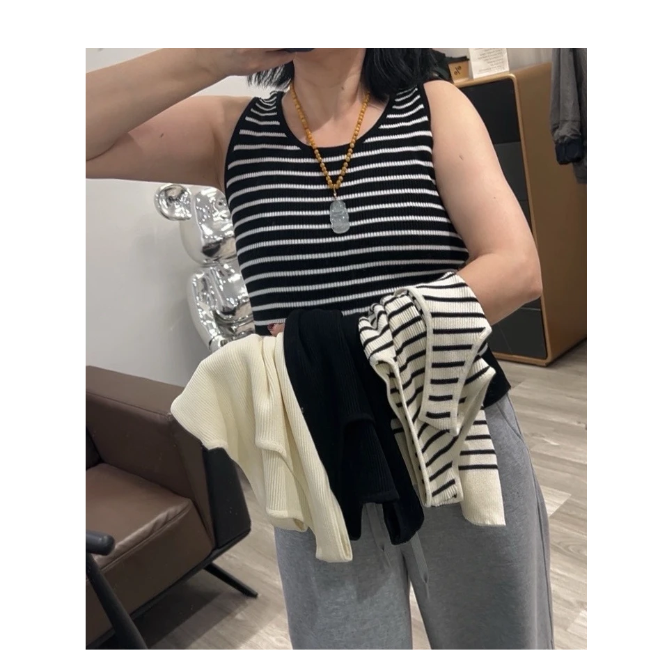 亚麻低圆领夏季无袖针织背心条纹减龄内搭套头女韩版休闲吊带031