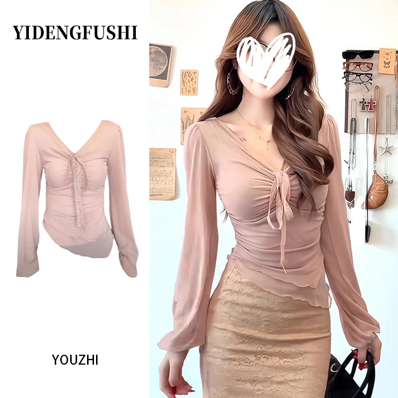 韩系温柔纯欲风V领系带长袖T恤女秋季不规则修身别致绝美内搭上衣