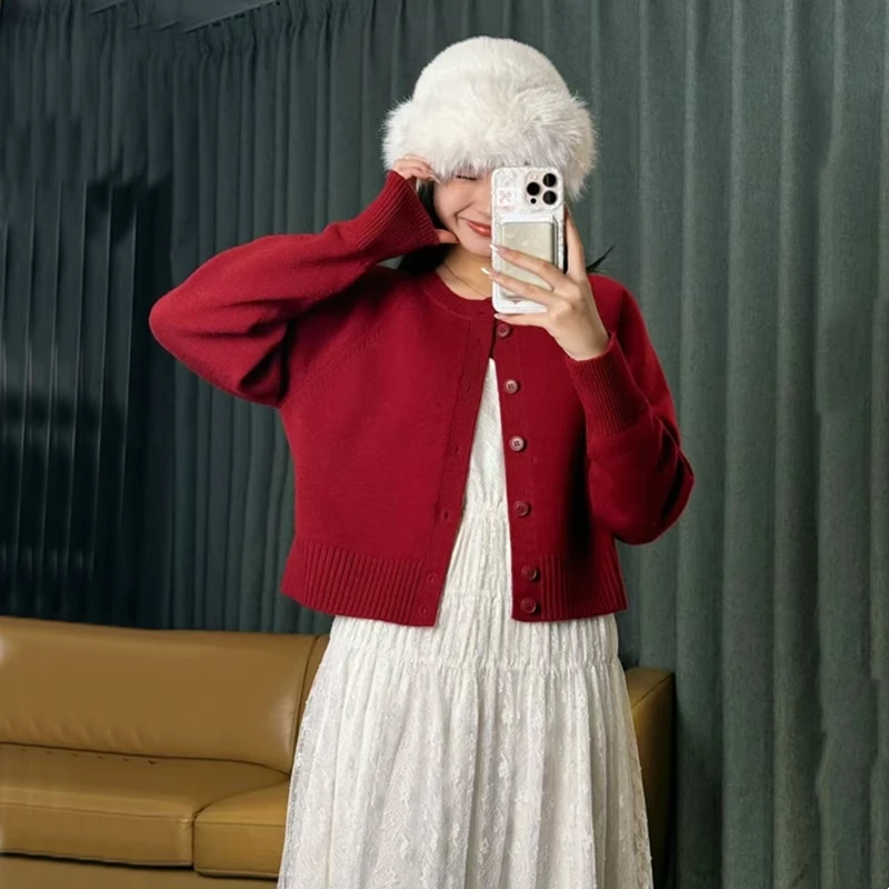 商场同款女装2025春秋新款时尚百搭绵羊毛圆领针织开衫外套548033