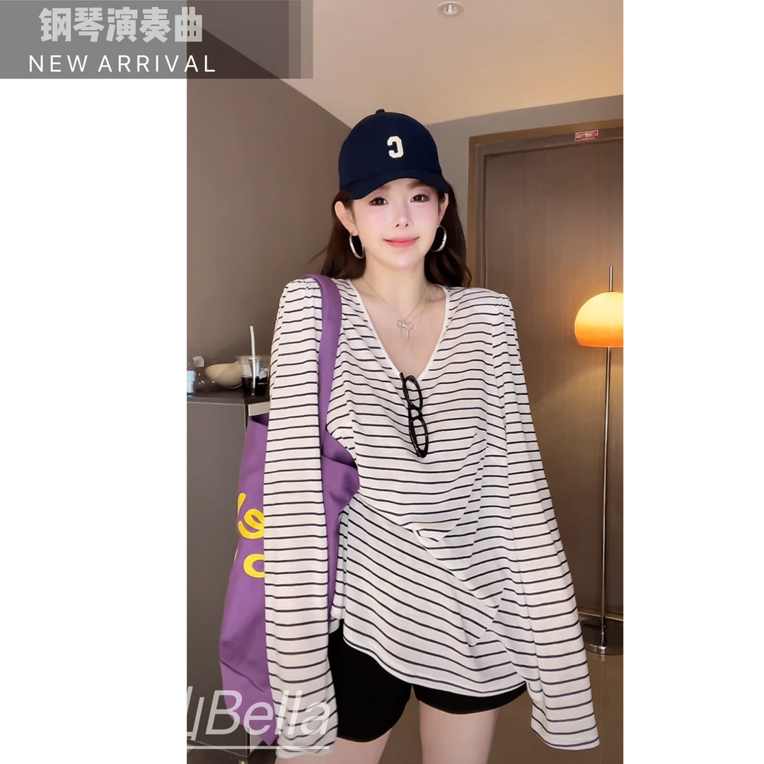 【胖小仙】<钢琴演奏者>休闲宽松遮肉条纹长袖上衣