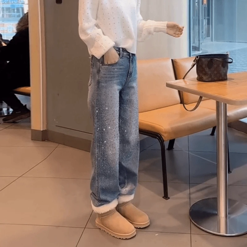 2026春季新款欧货烫钻裤子大码女装高腰显瘦百搭窄版直筒牛仔裤子