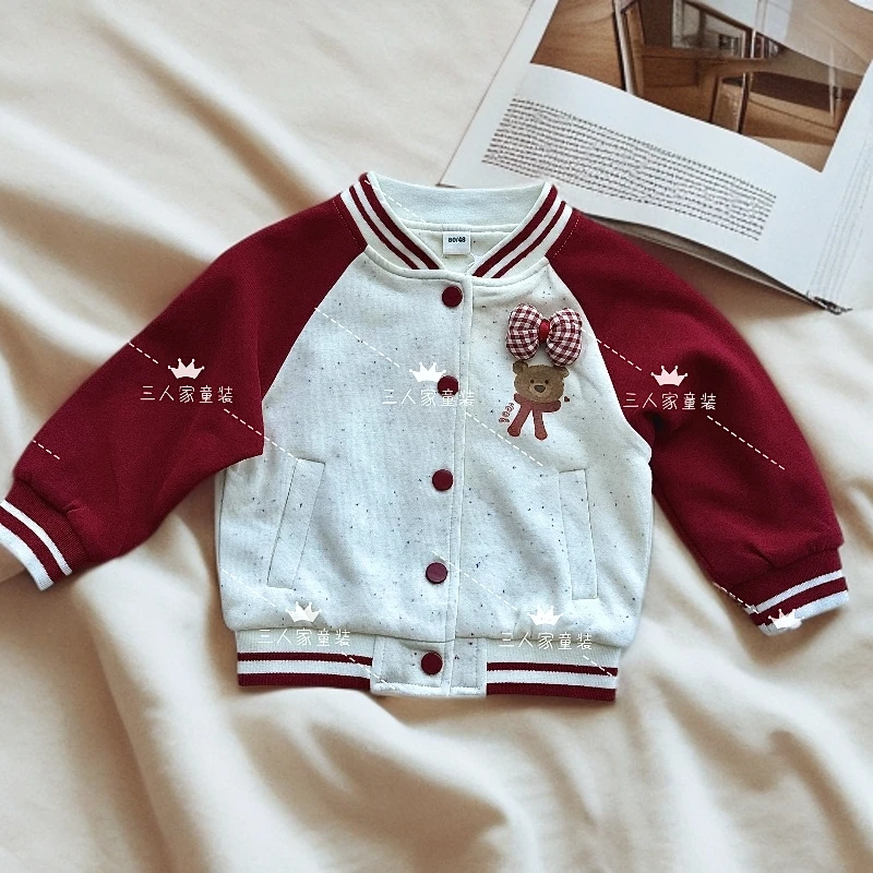 春秋休闲风秋季运动V领拼色B类卡通风外套红色儿童棒球服