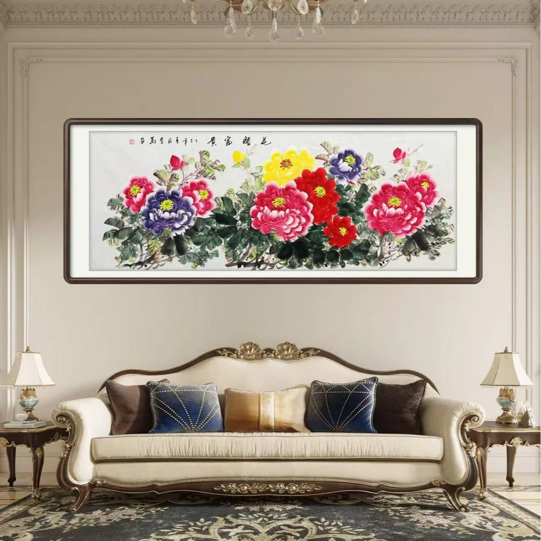 手绘《花开富贵》横幅六尺牡丹国画客厅卧室挂画作品文玩探宝