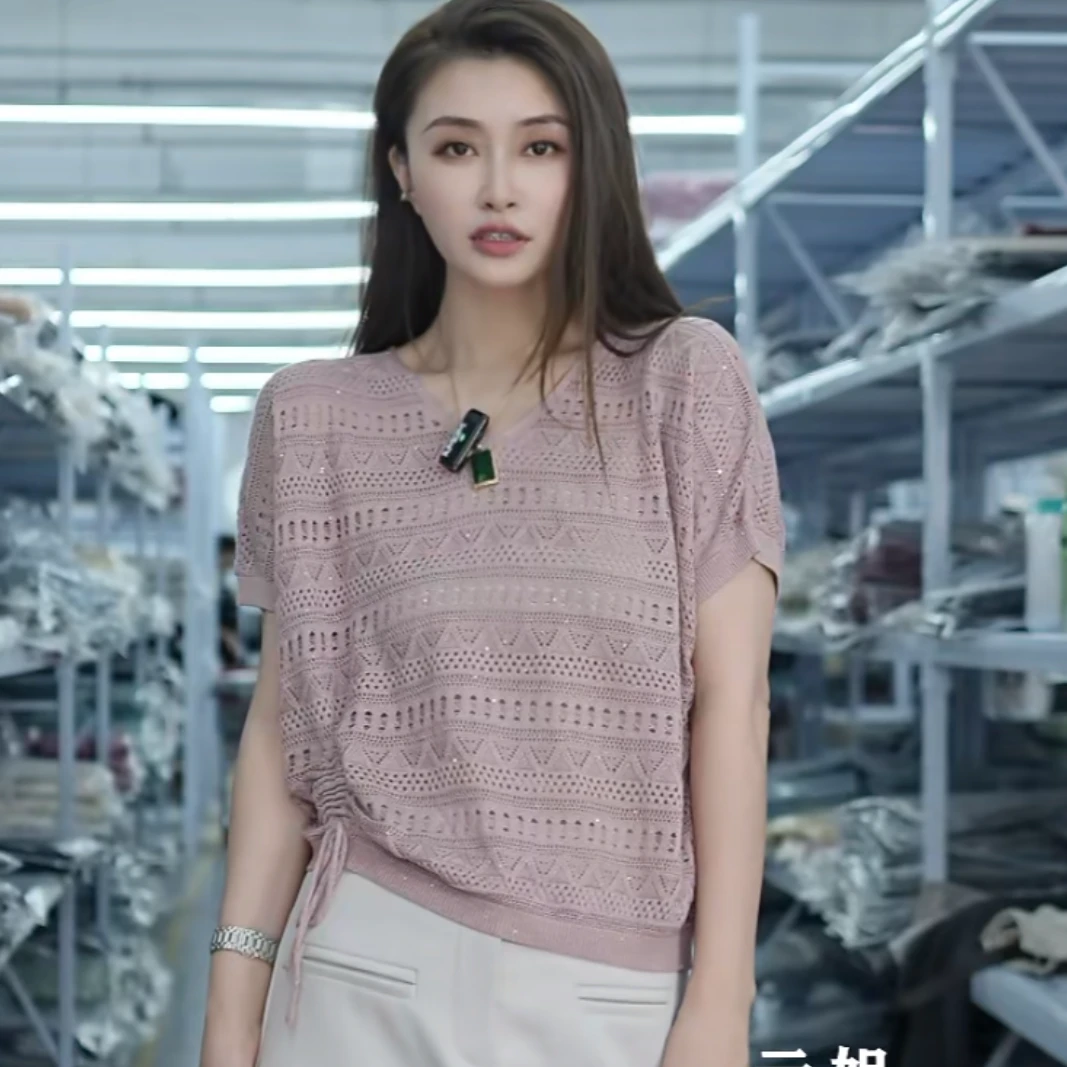 【例畔精选】2025新款时尚气质V领镂空提花亮片减龄针织衫A405#