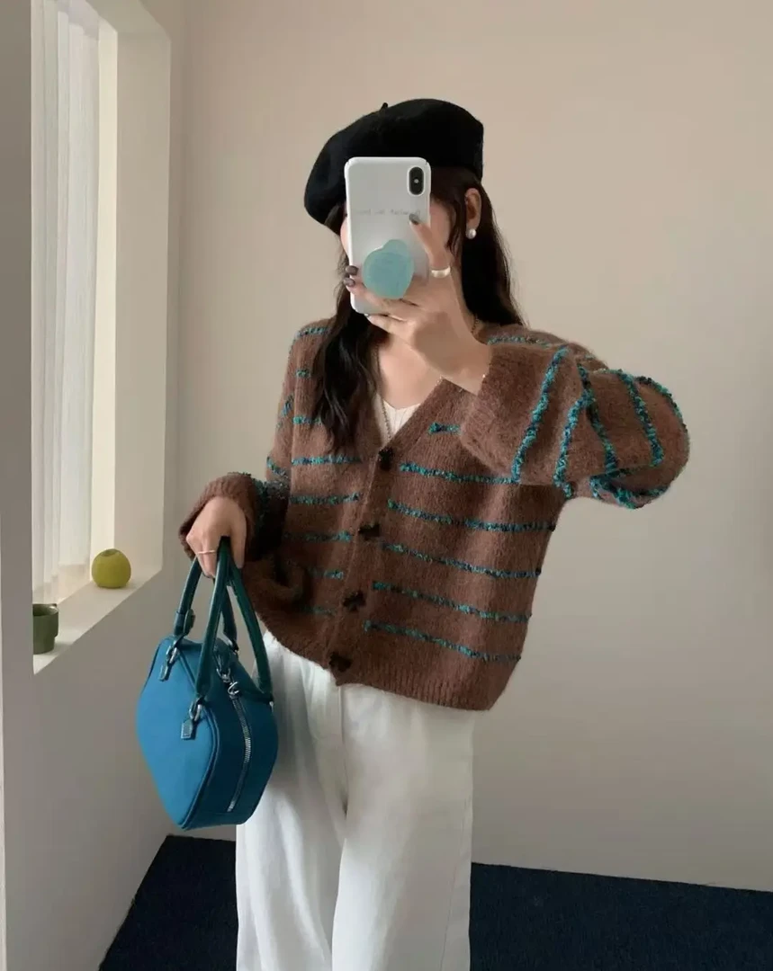 撞色条纹宽松慵懒风针织开衫女春秋季2025新款高级感显瘦毛衣外套