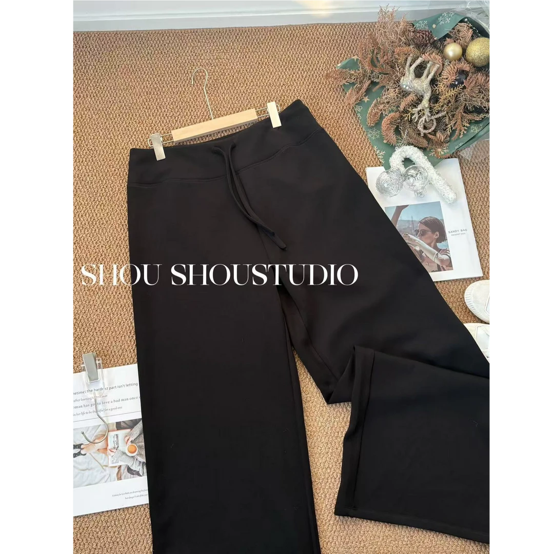 【菲菲】腿精-大码无松紧高腰显瘦百搭加绒抽绳直筒拖地长裤S02386