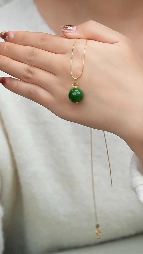 颈饰18K金镶嵌和田玉034-18K金碧玉单珠吊坠-14mm-N1670-1107