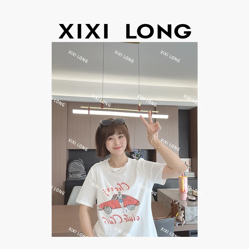 大喜 【小汽车】韩系纯棉印花短袖夏季宽松圆领小众时尚设计感白色