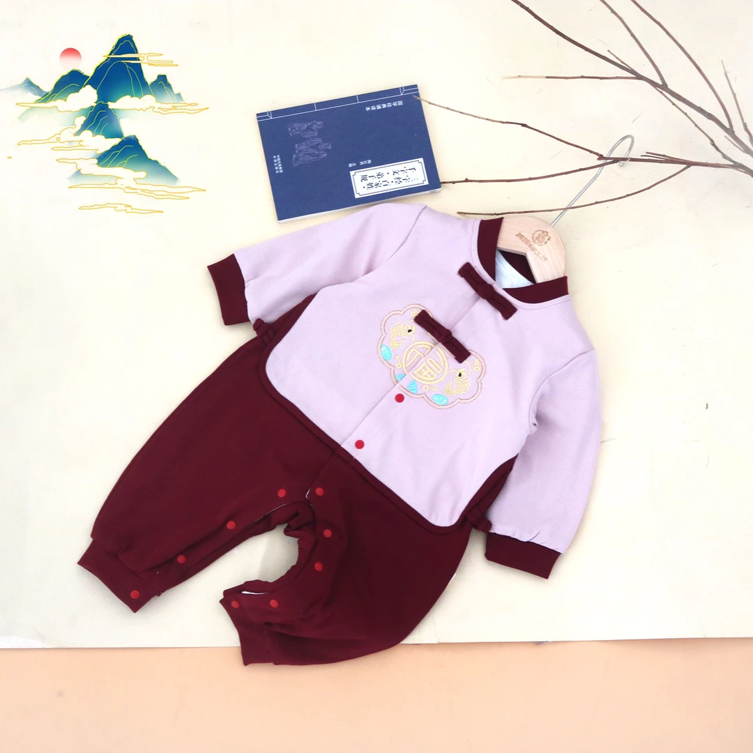妈妈的手工坊宝宝春秋季哈衣国风百天服假两件外出服（鱼锁）