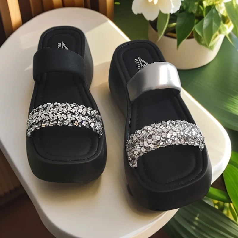 5161微水钻松糕底中跟增高一字拖胶粘鞋黑色凉鞋凉拖鞋71