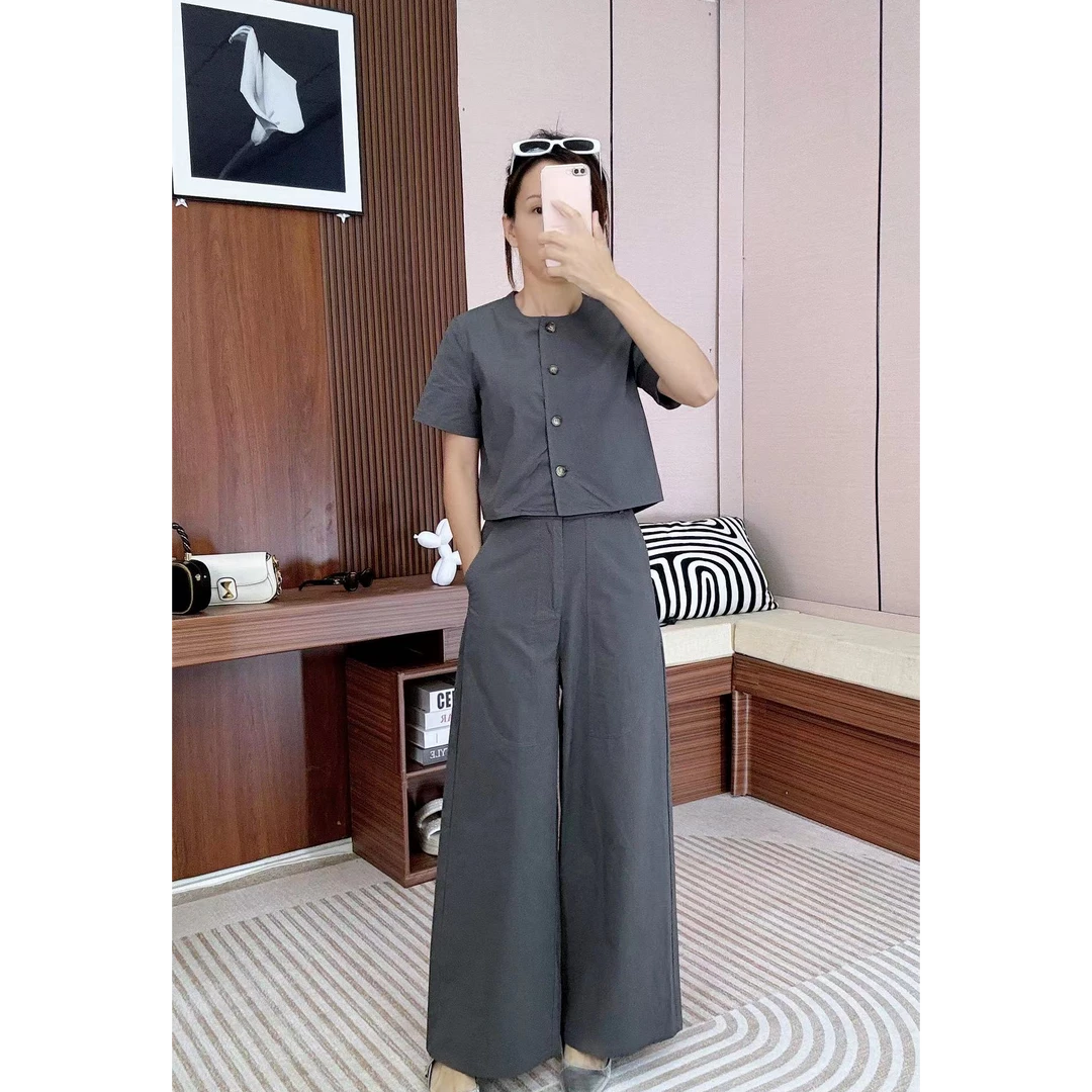 鑫套装老钱调极简复古设计感短袖+高腰显瘦阔腿裤两件套时尚休闲