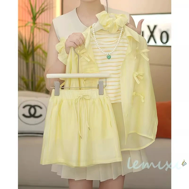 女童防晒衣套装2025夏款蝴蝶结衬衫外套短裤背心防晒服速干三件套