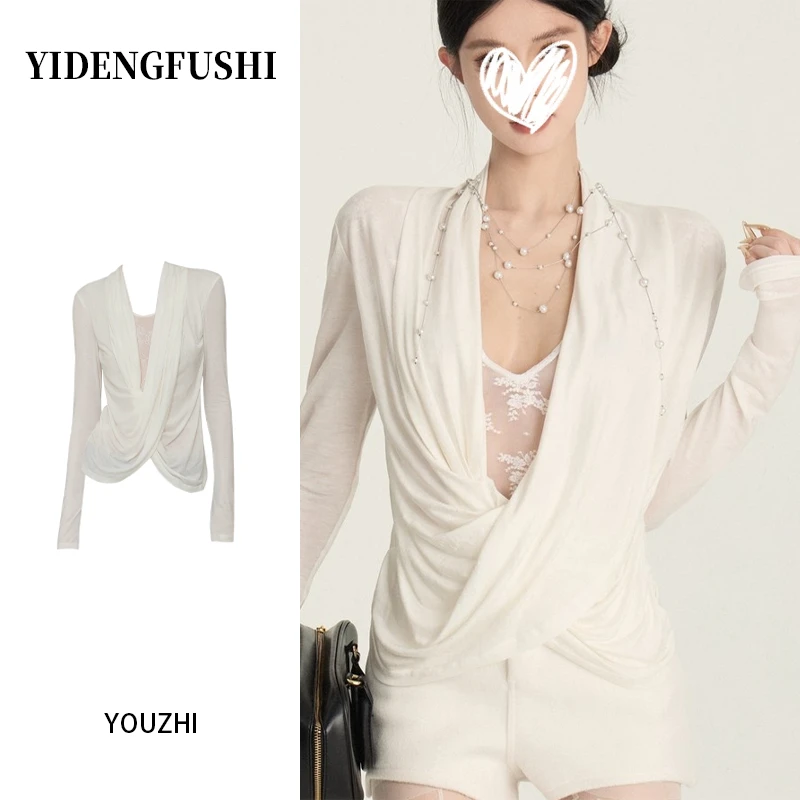 秋冬新款假两件V领交叉荡领小心机蕾丝拼接上衣辣妹时尚设计感T恤