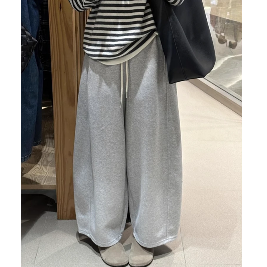 灰色加绒阔腿弯刀裤子女秋冬装大码胖mm小个子显瘦慵懒风运动卫裤